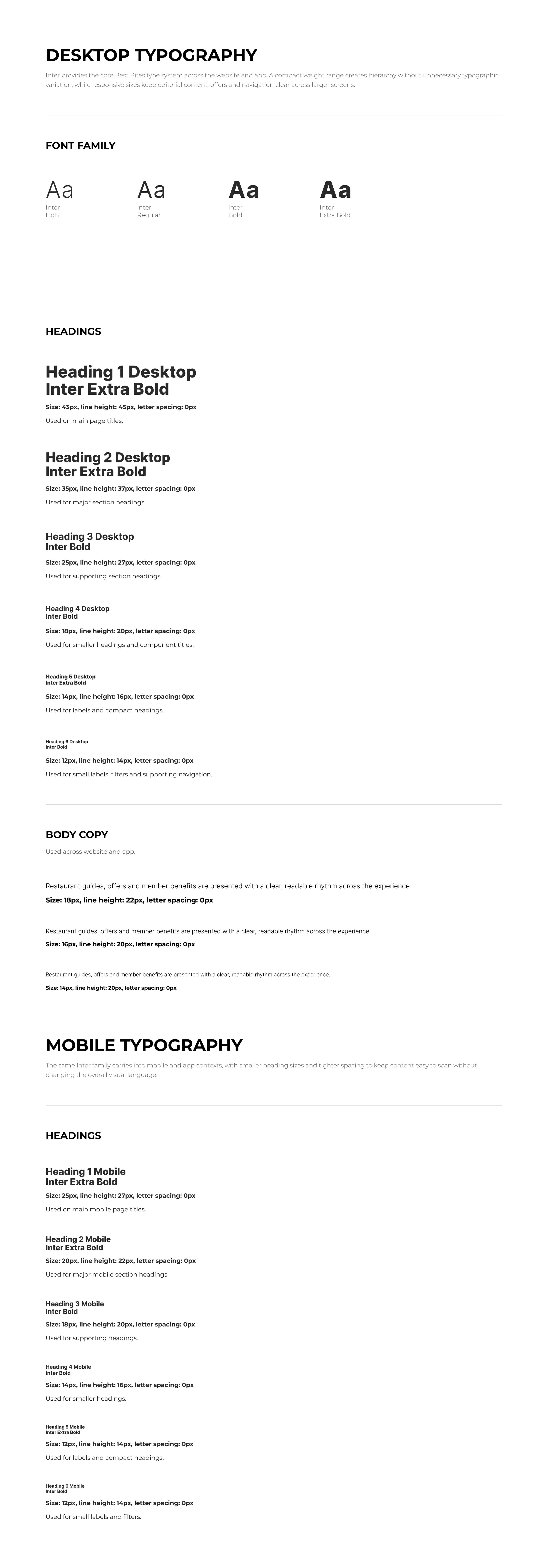 Best Bites desktop and mobile typography specifications