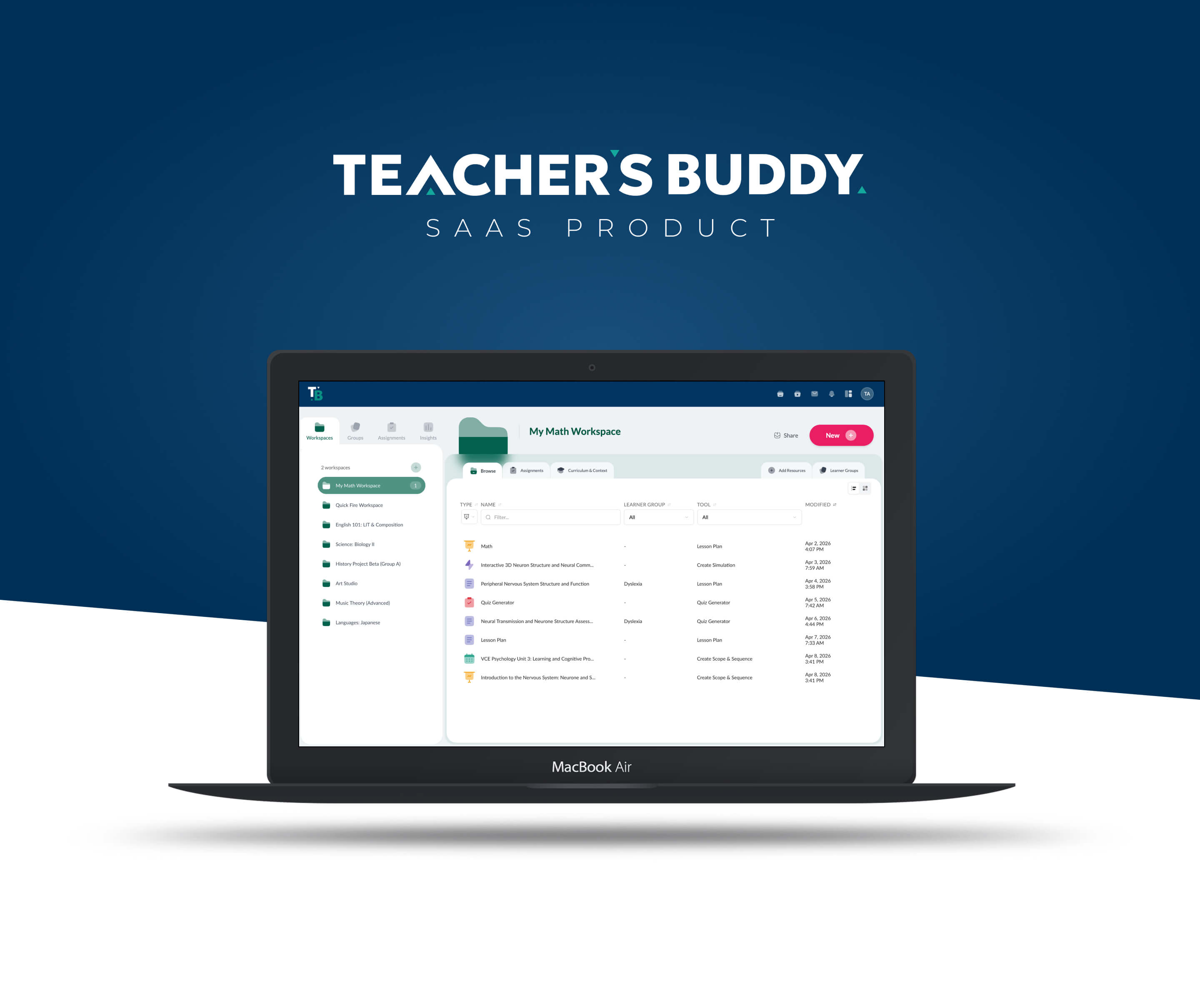 Teacher's Buddy SaaS product displayed on a laptop against the navy brand background