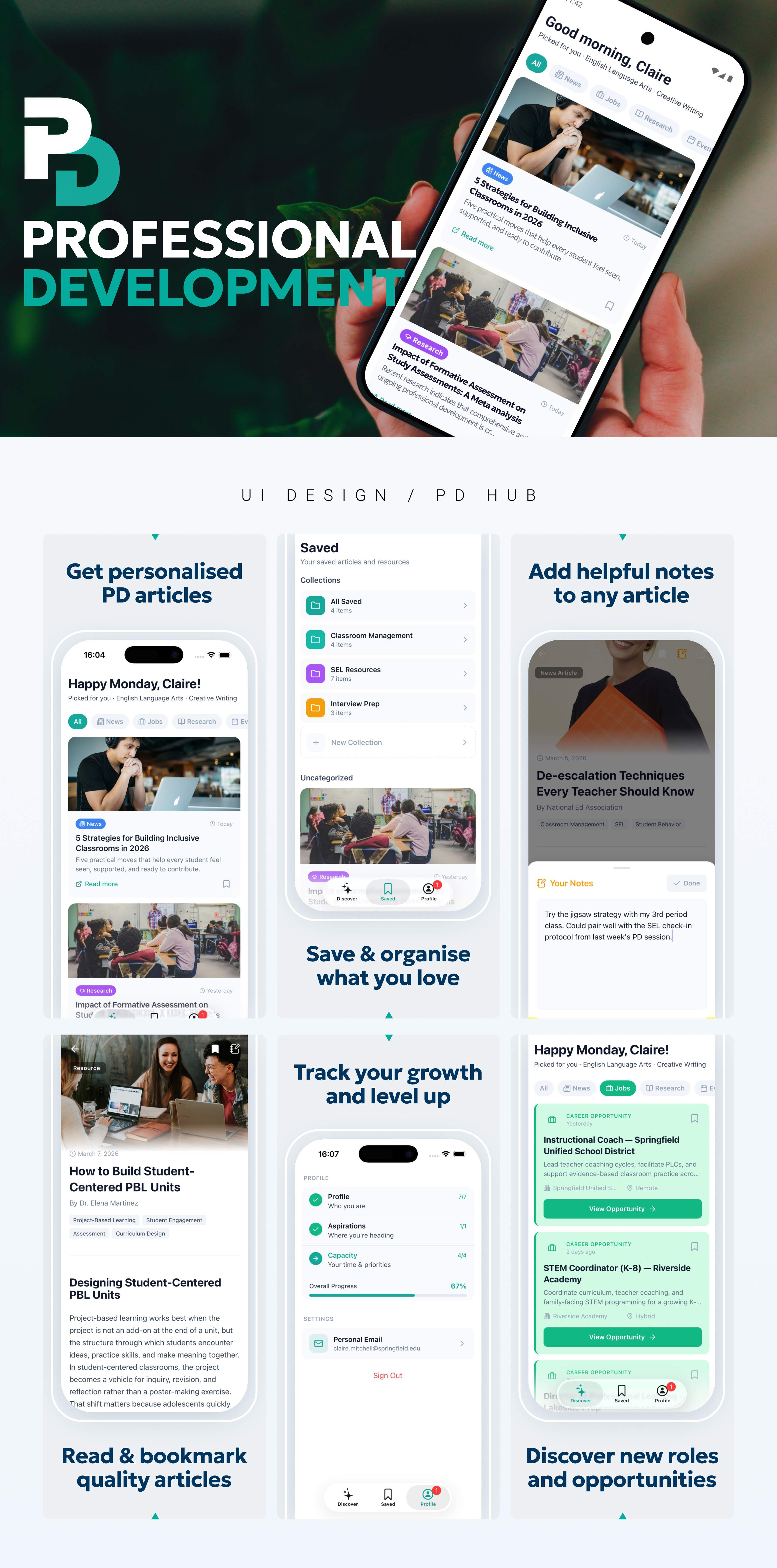 Teacher's Buddy professional development experience across mobile screens