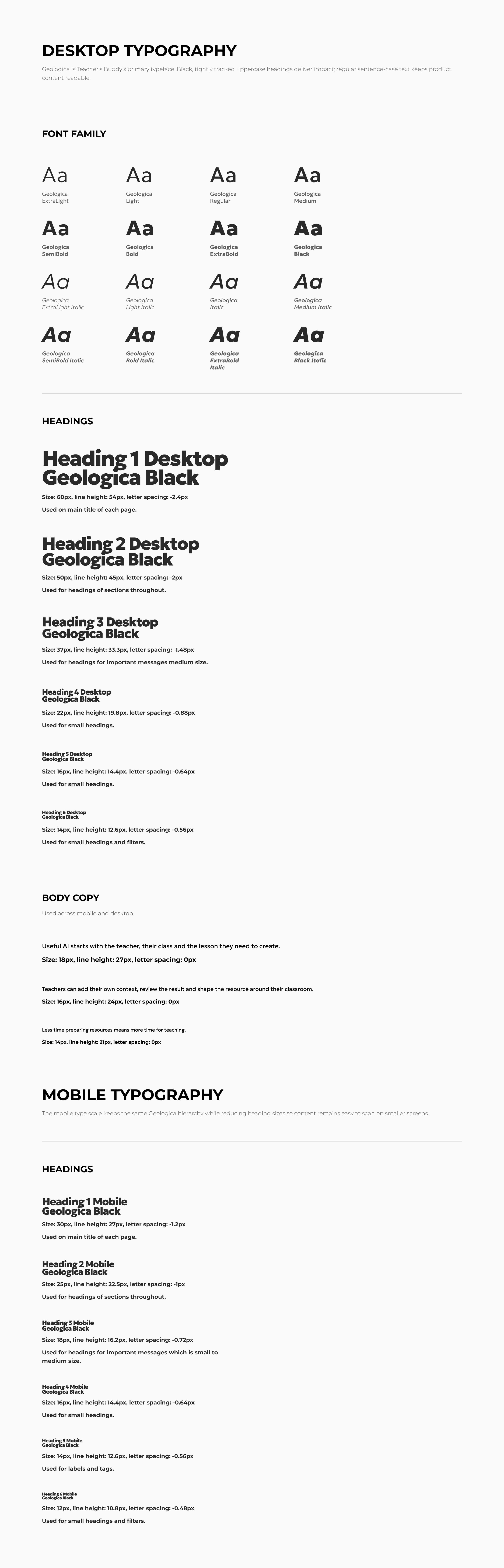 Teacher's Buddy desktop and mobile typography specifications