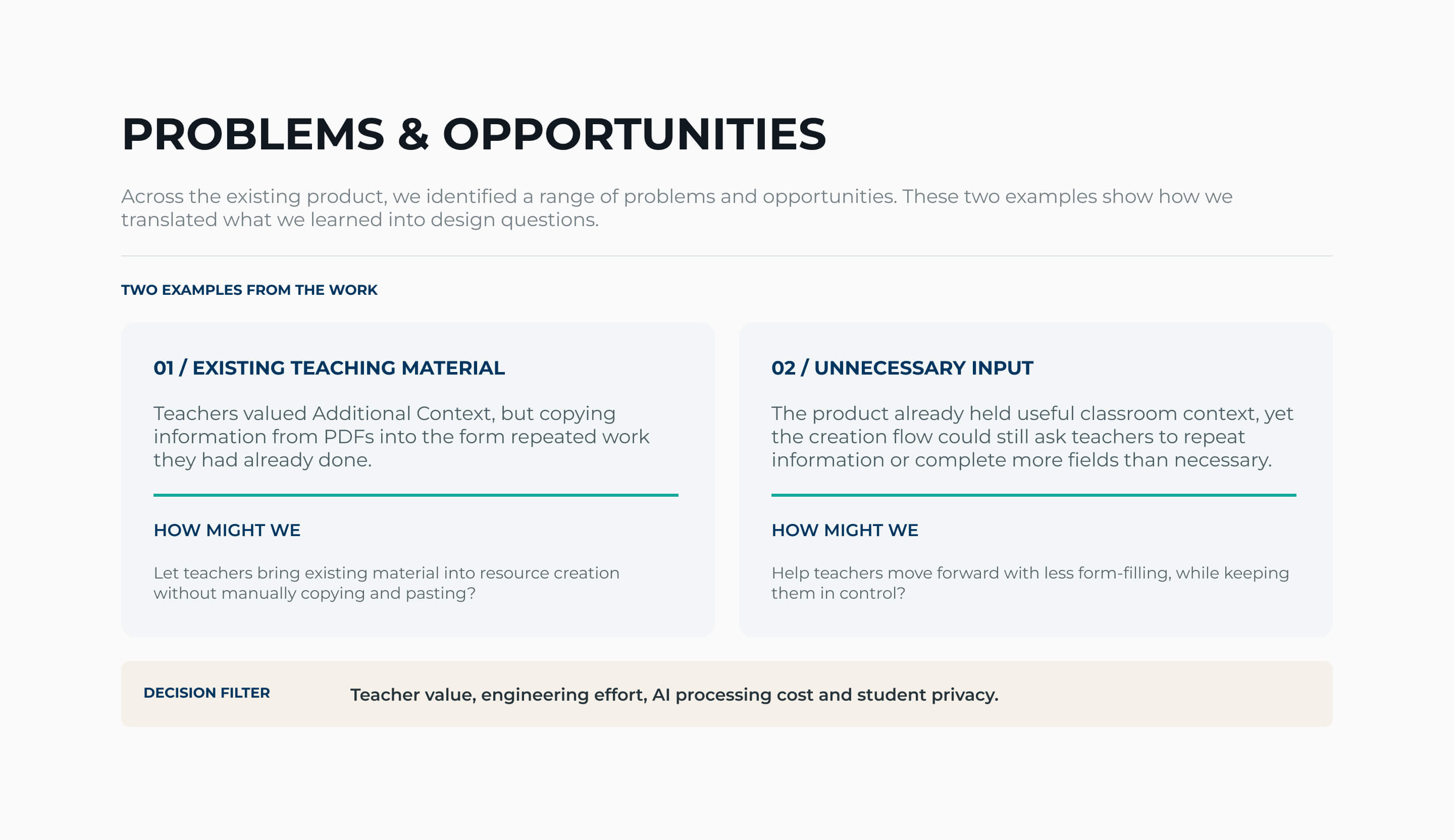 Teacher's Buddy product problems, opportunities and design questions