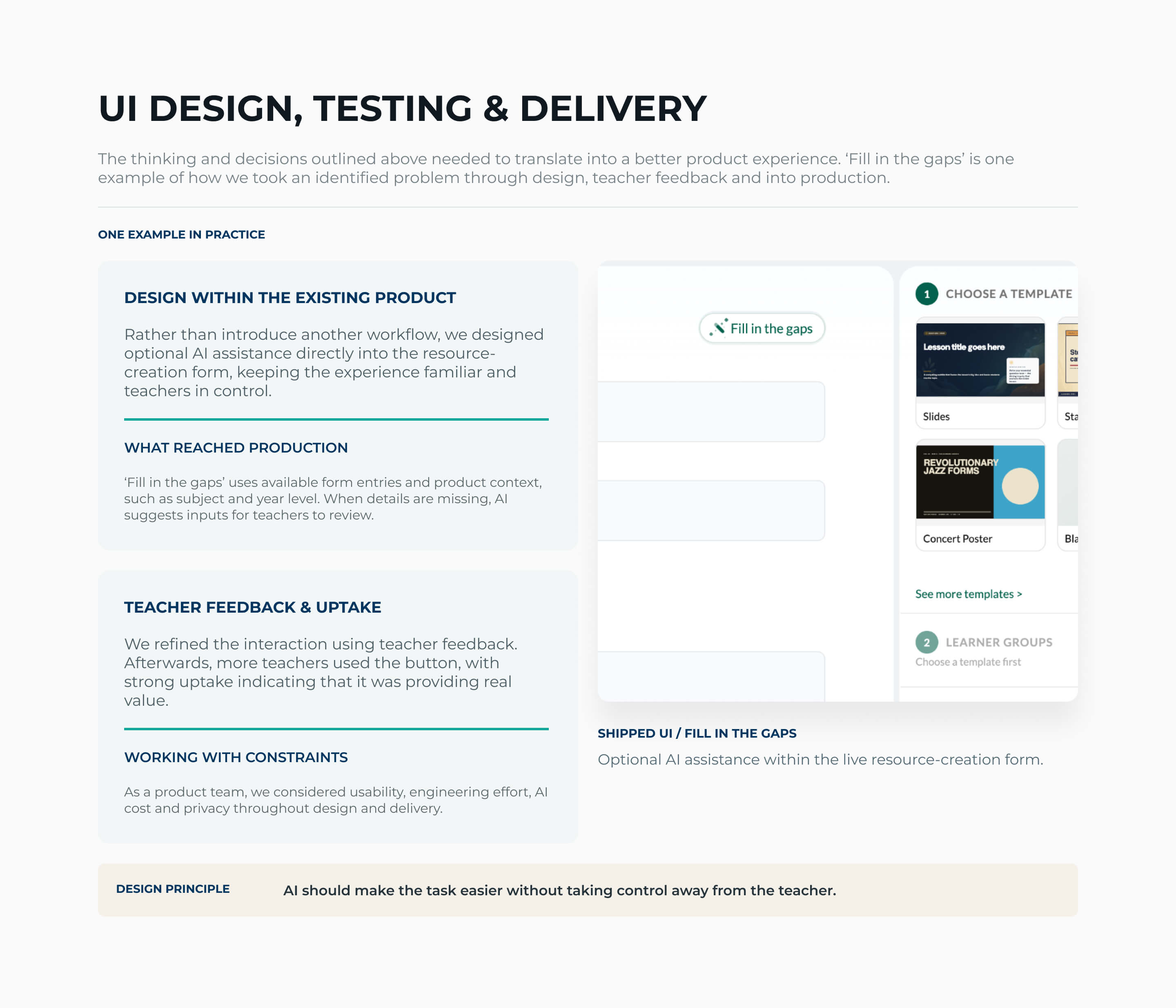 Teacher's Buddy Fill in the gaps feature design, testing and delivery