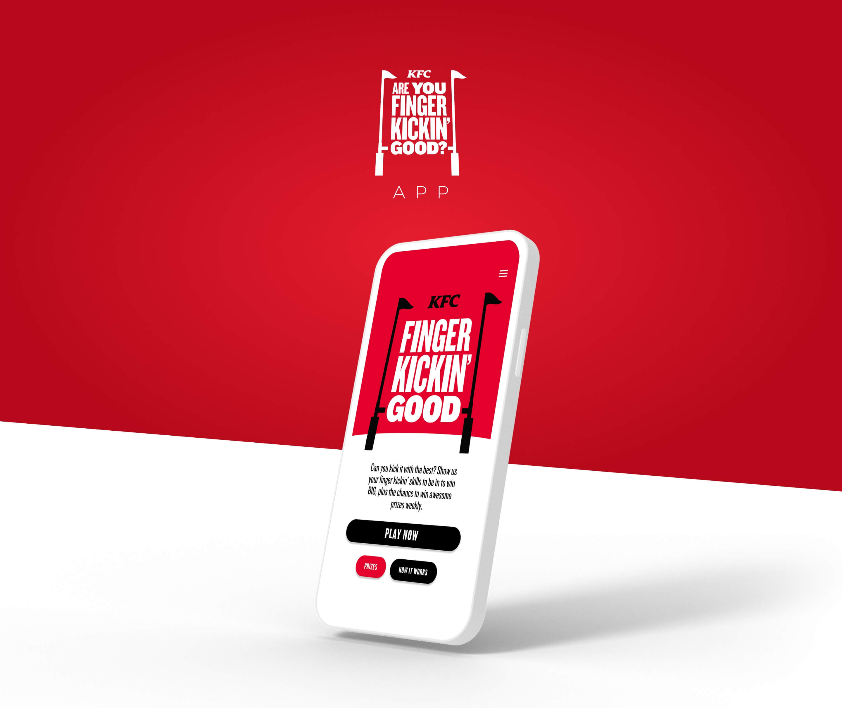 KFC Kicking Game displayed on a mobile phone against KFC brand graphics