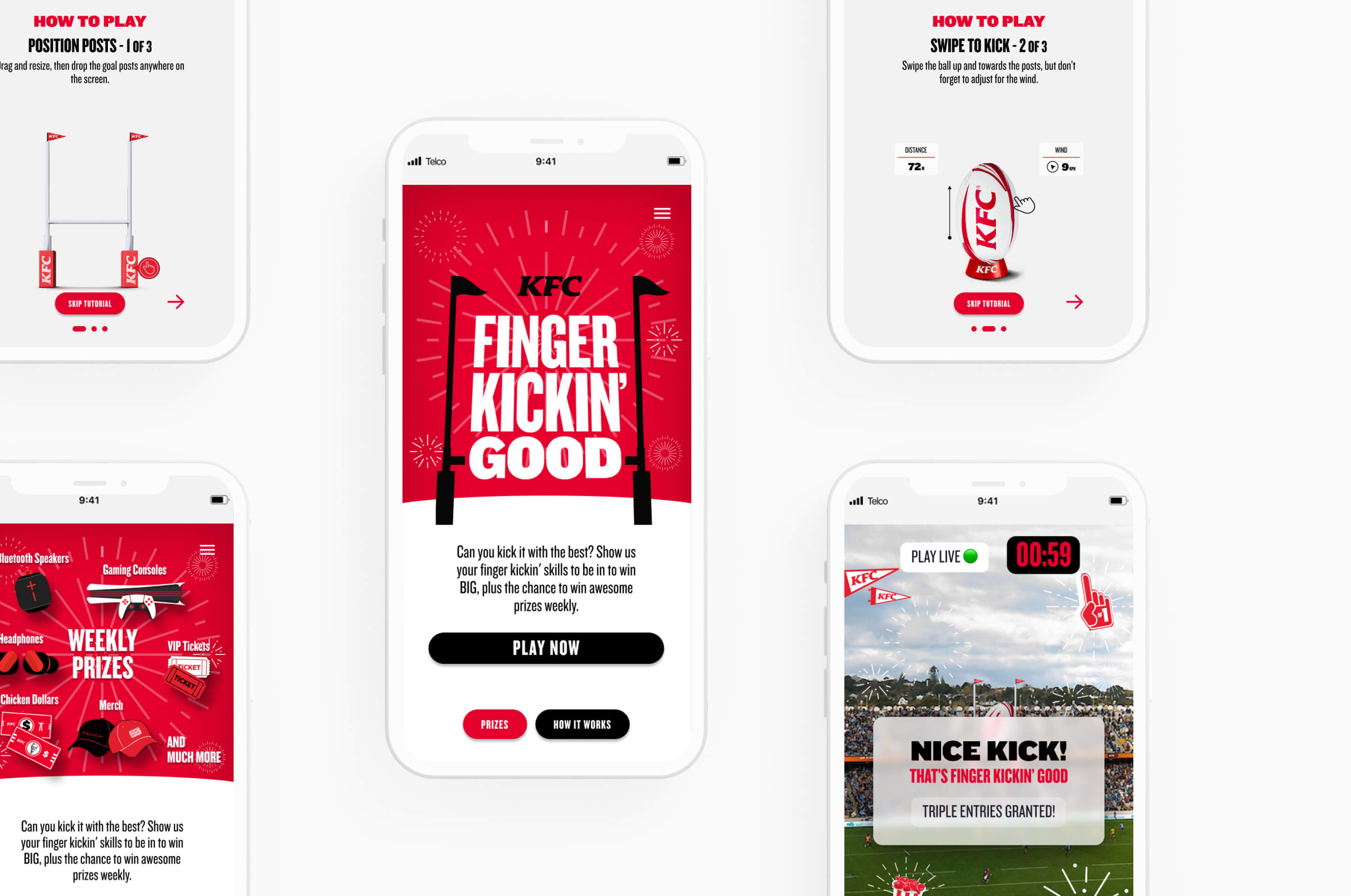 KFC Kicking Game instructions and mobile gameplay screens