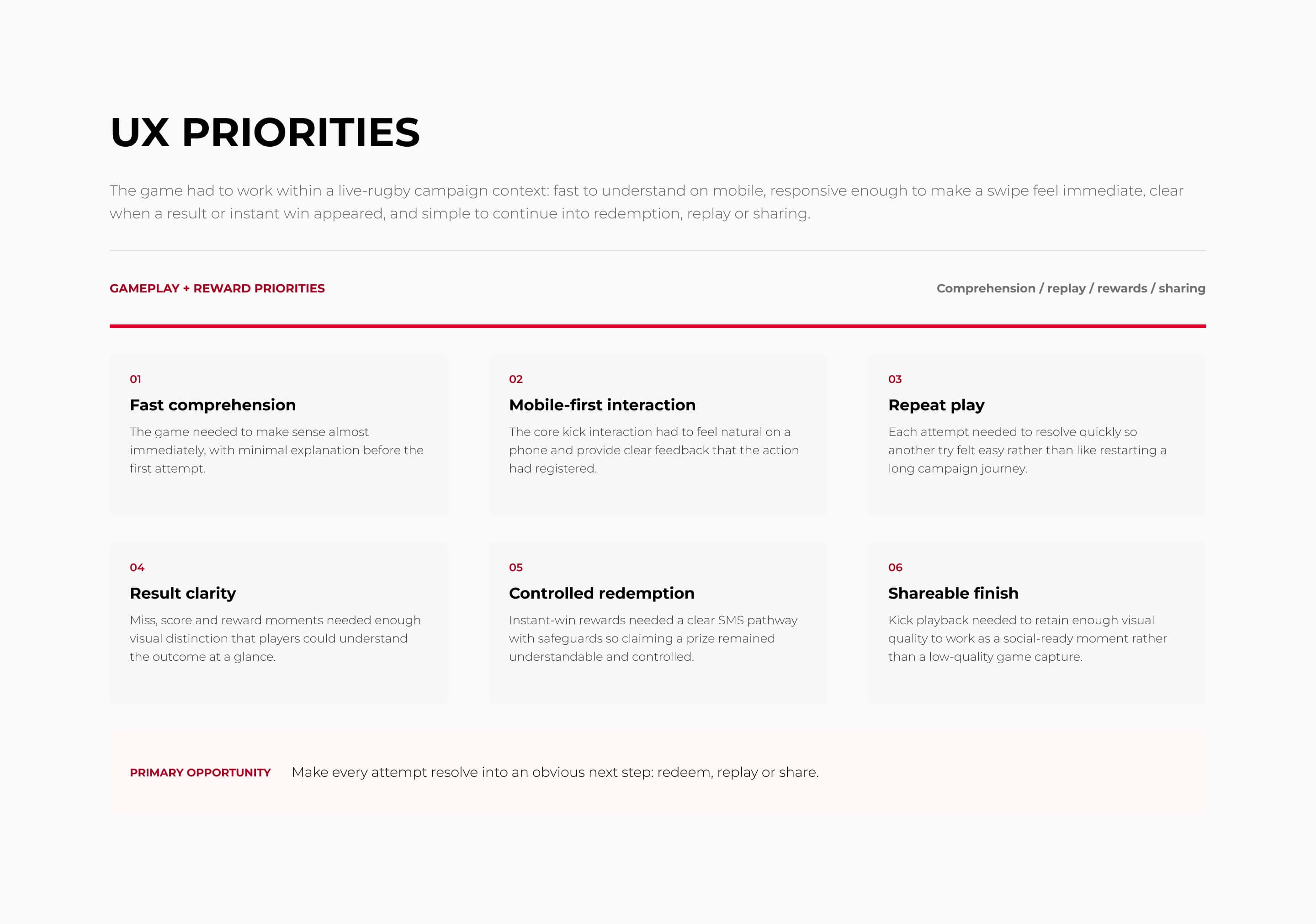KFC Kicking Game UX priorities