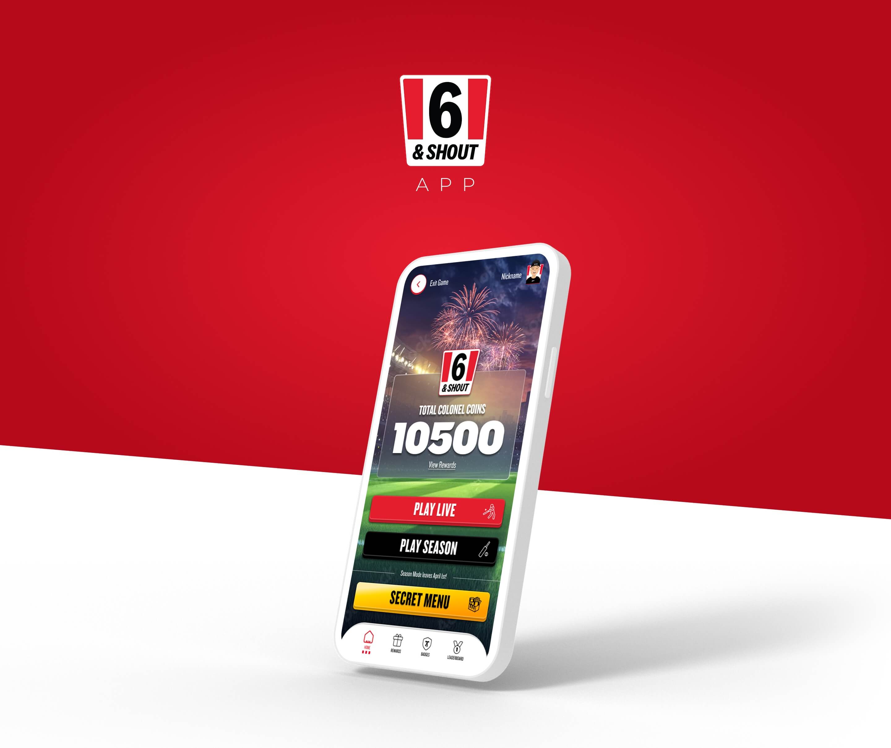 KFC Six & Shout game displayed on a mobile phone against KFC brand graphics