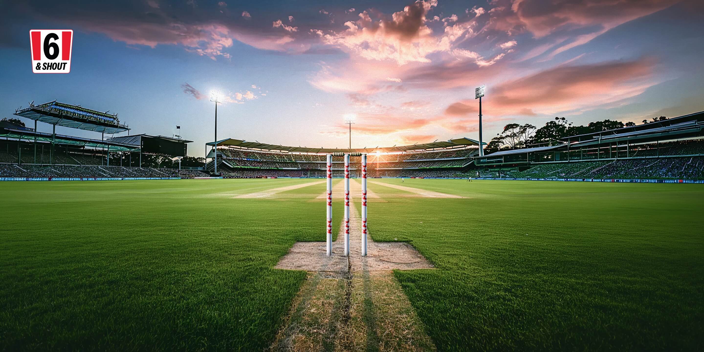 Cricket pitch at sunset for the KFC Six & Shout game