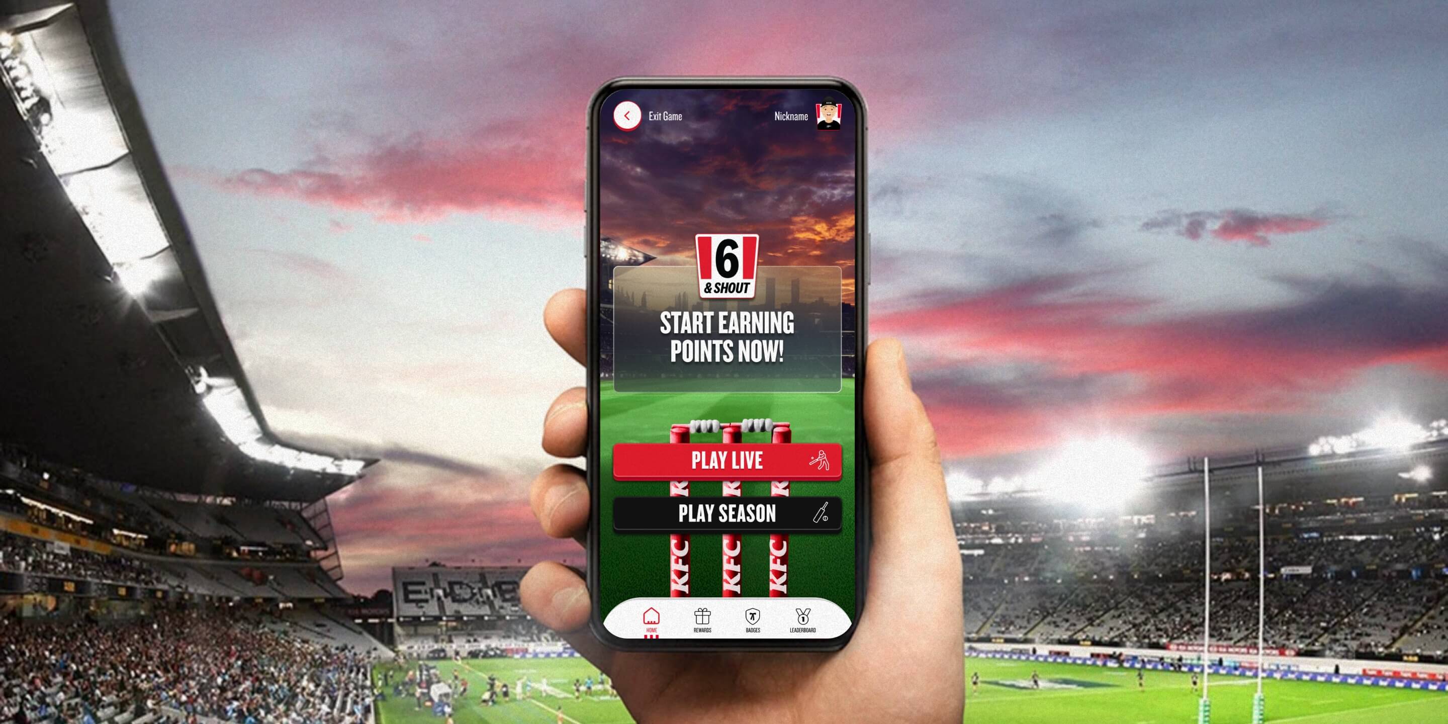 KFC Six & Shout gameplay shown in a cricket stadium
