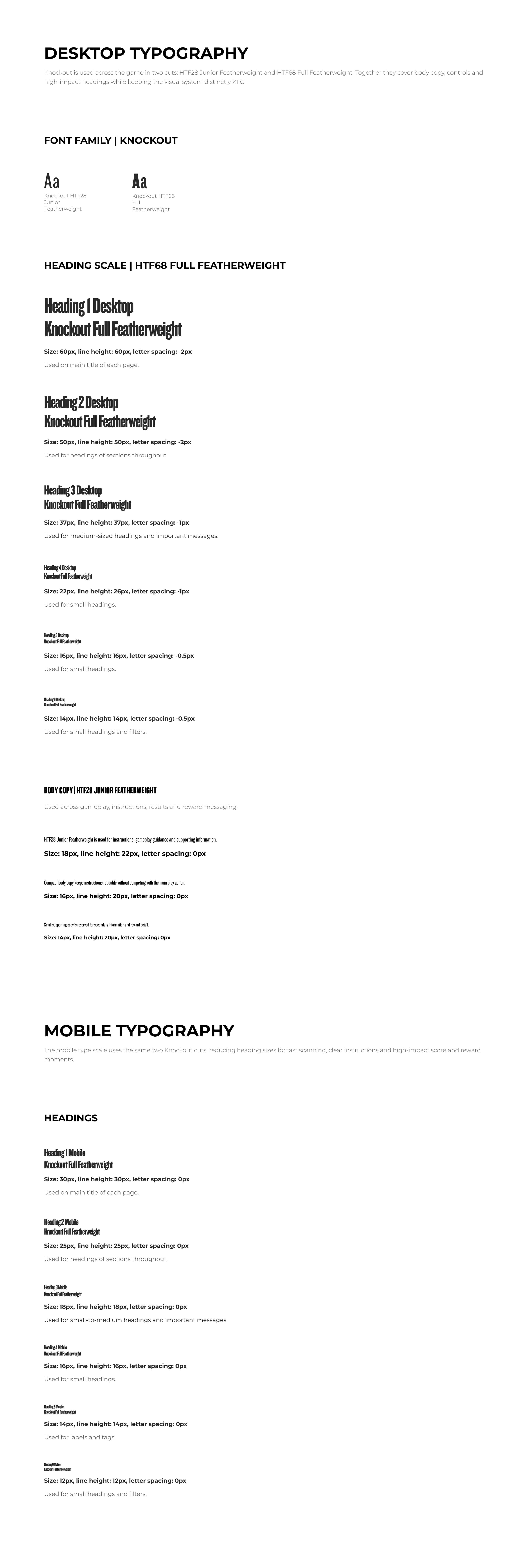 KFC Six & Shout desktop and mobile typography specifications