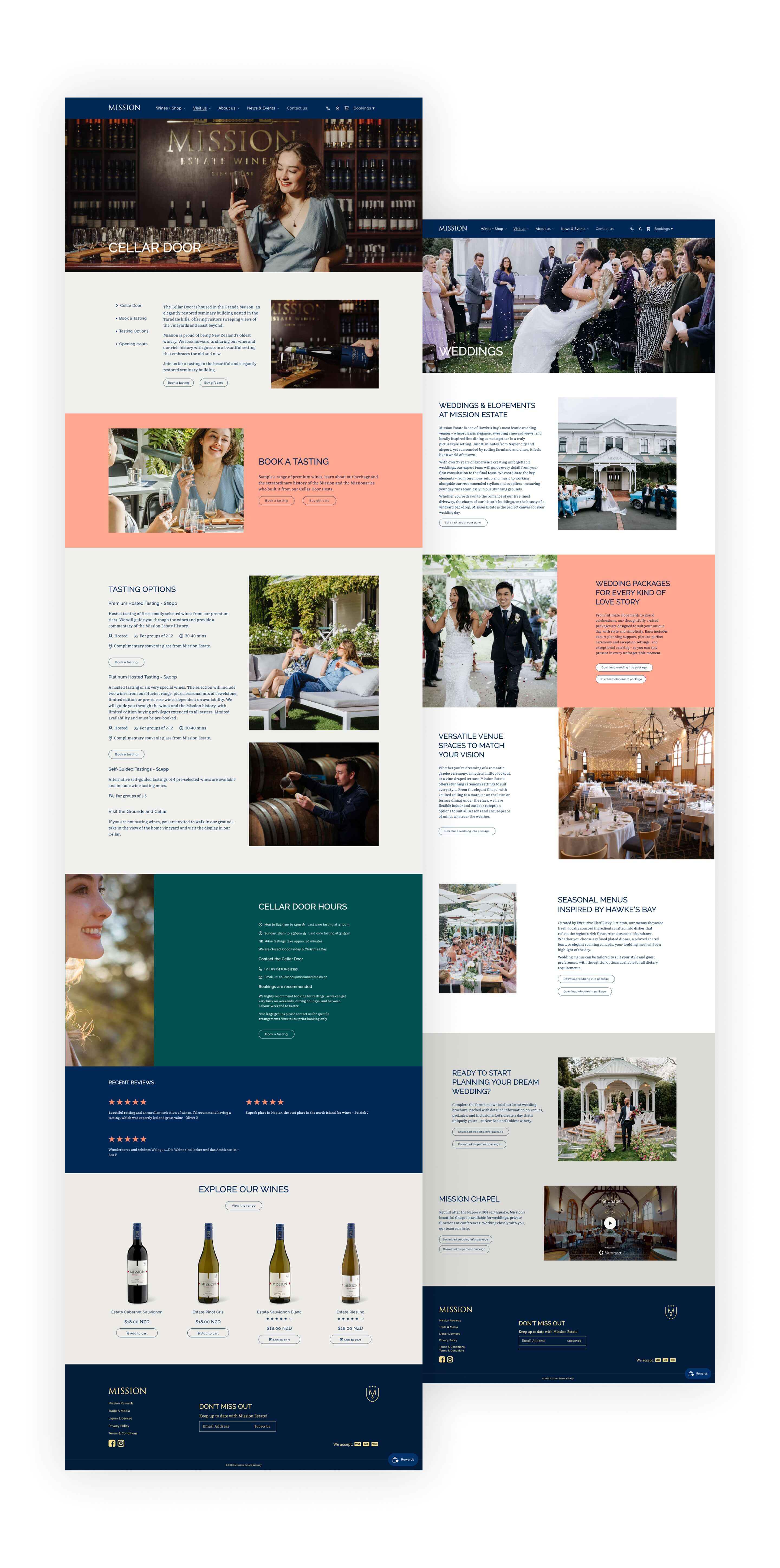 Mission Estate final website pages for wine, dining, weddings and estate experiences