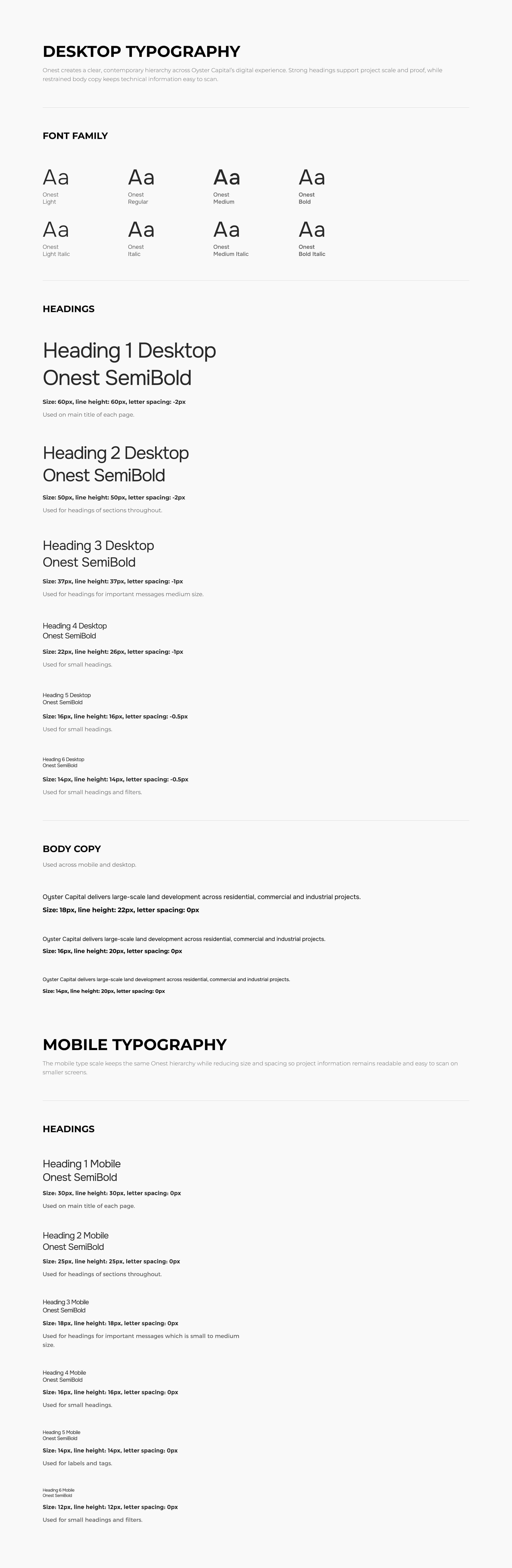 Oyster Capital desktop and mobile typography specifications