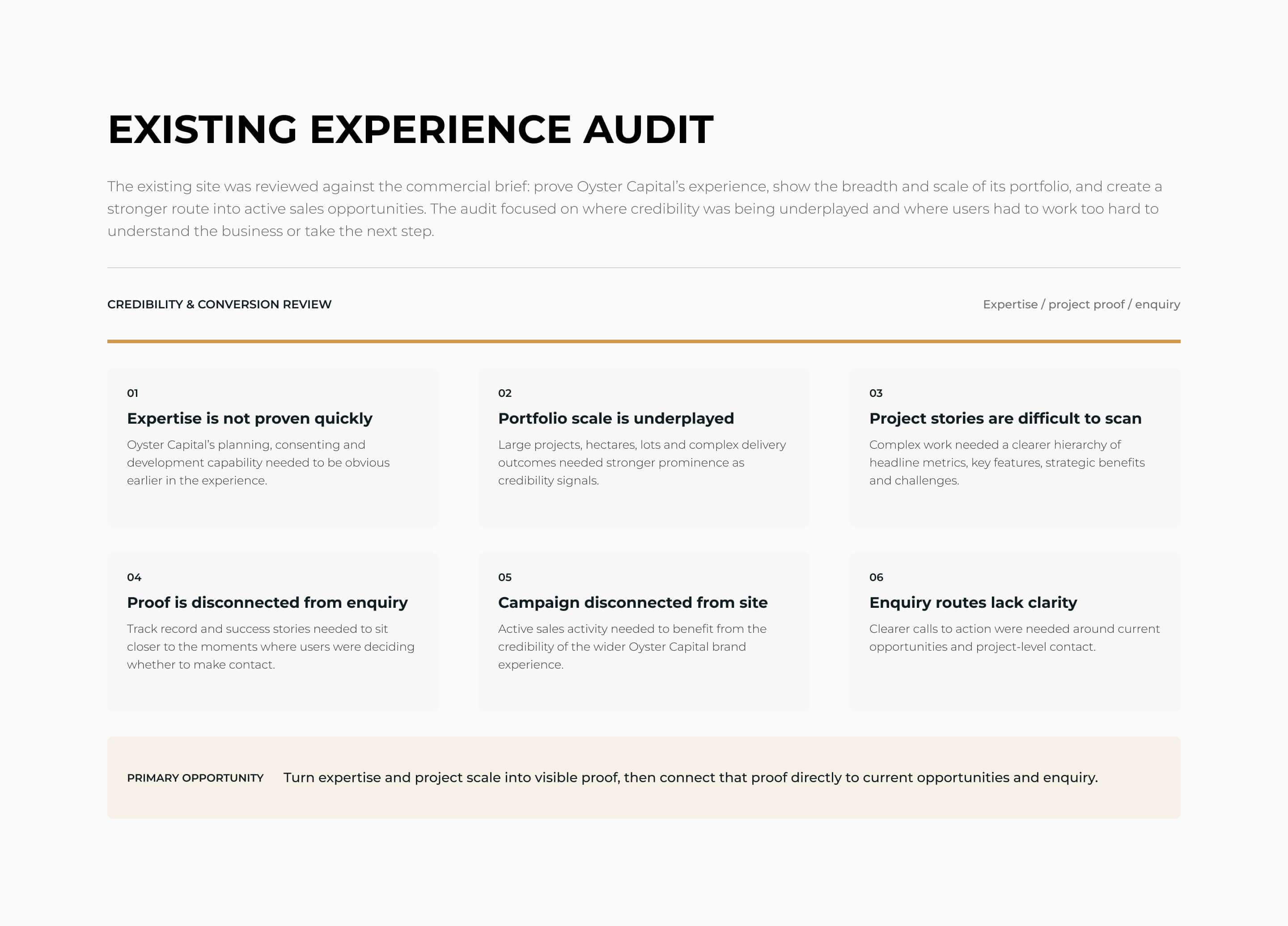 Oyster Capital existing experience audit