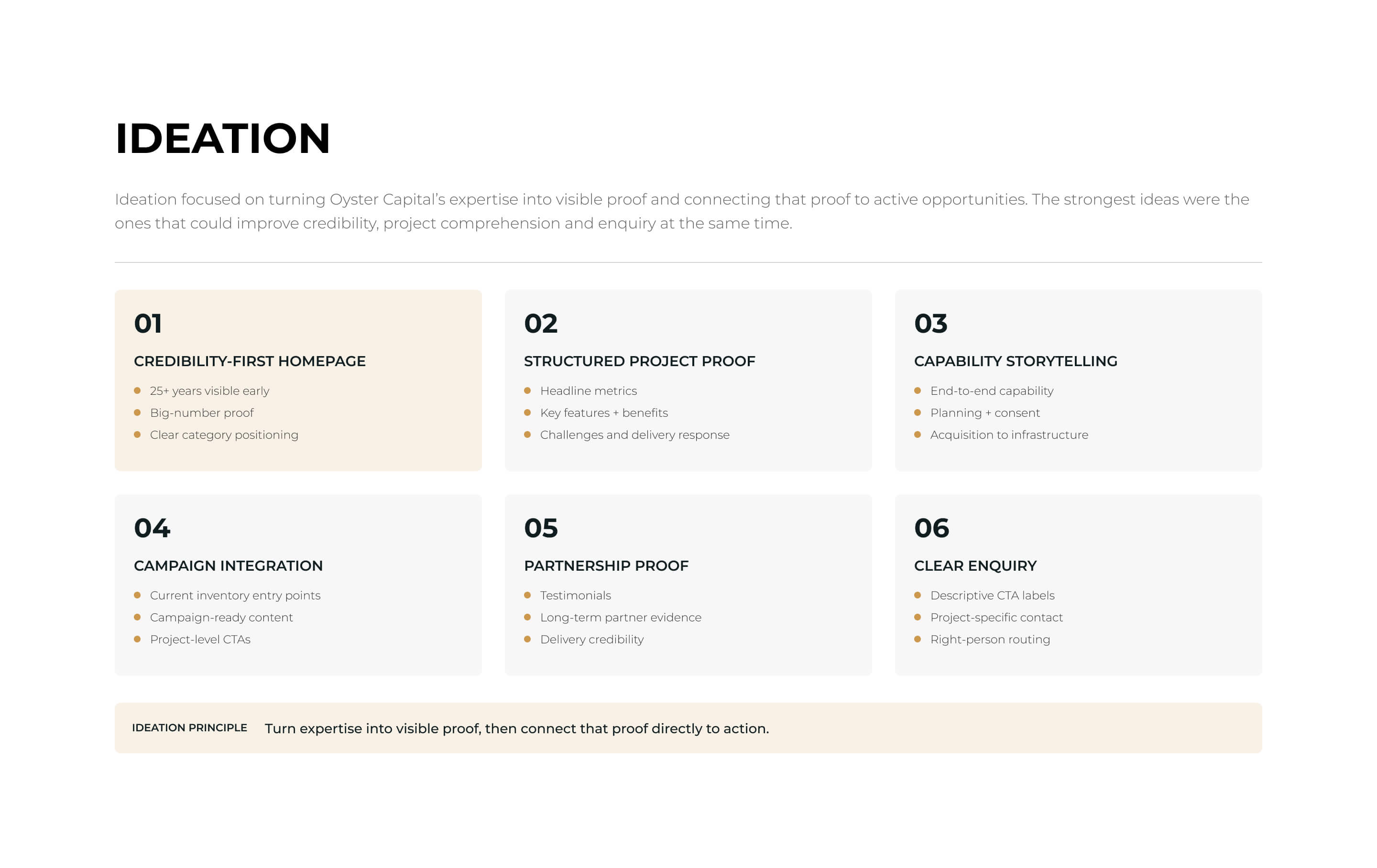 Oyster Capital ideation principles and experience concepts