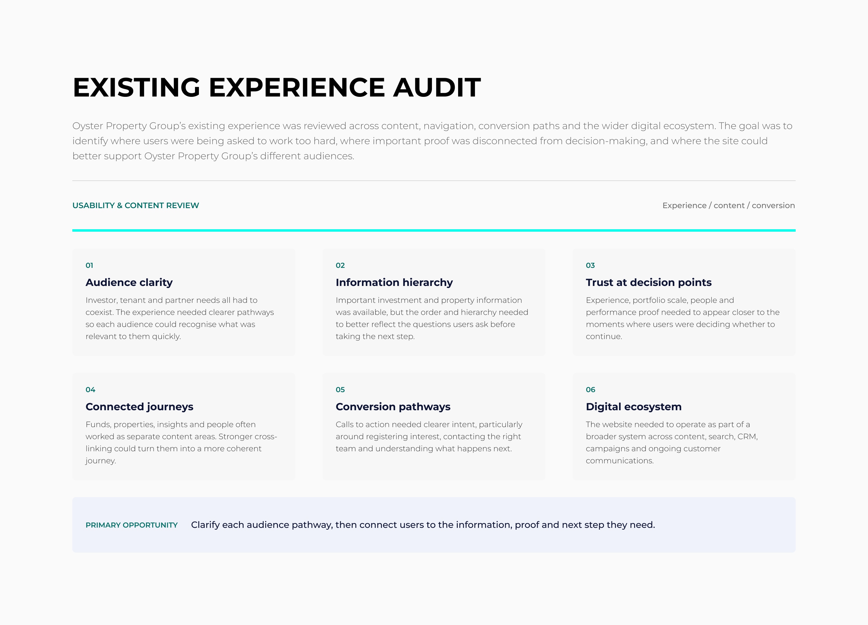 Oyster Property existing experience audit
