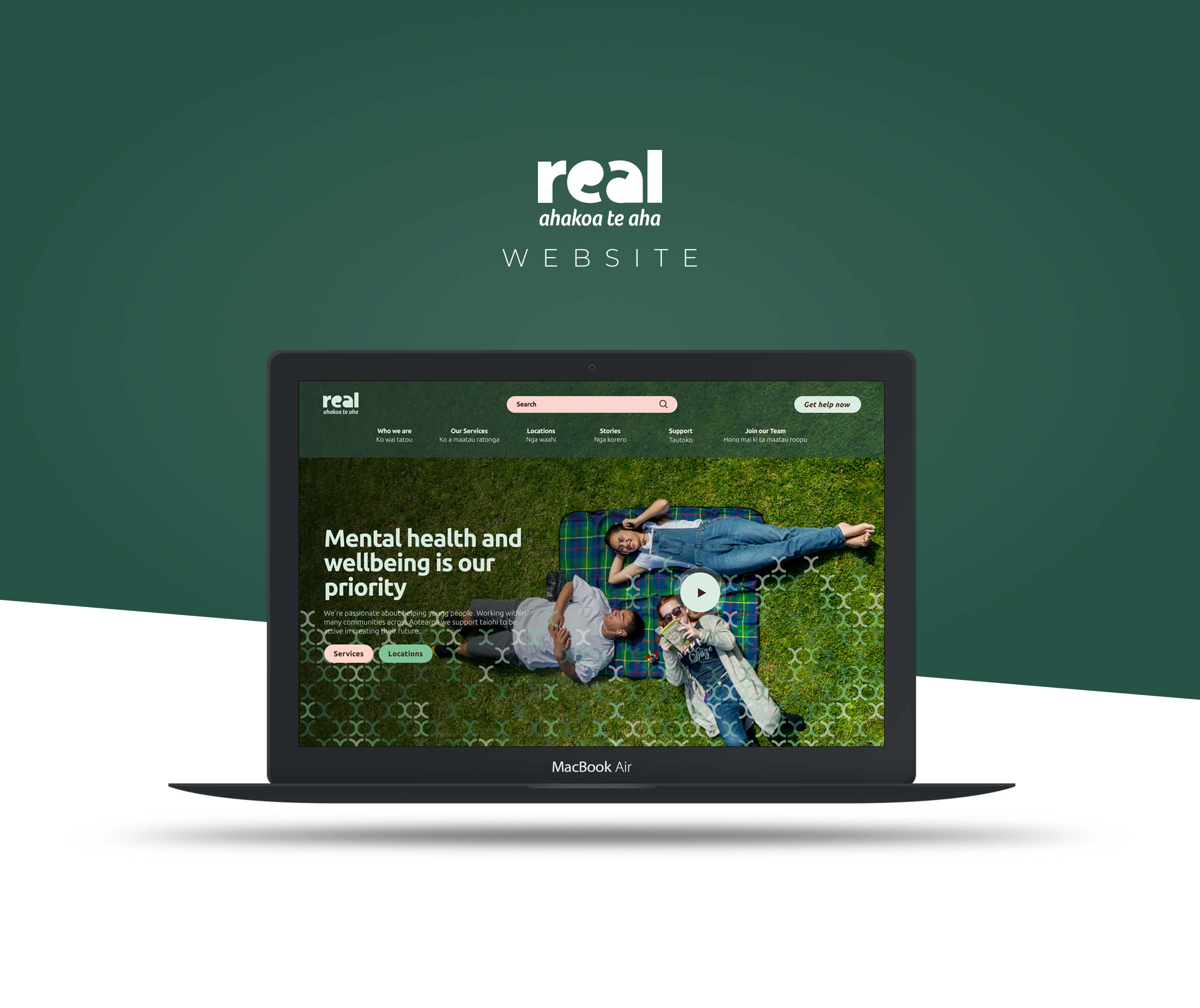 Real youth wellbeing website displayed on a laptop against the brand green background