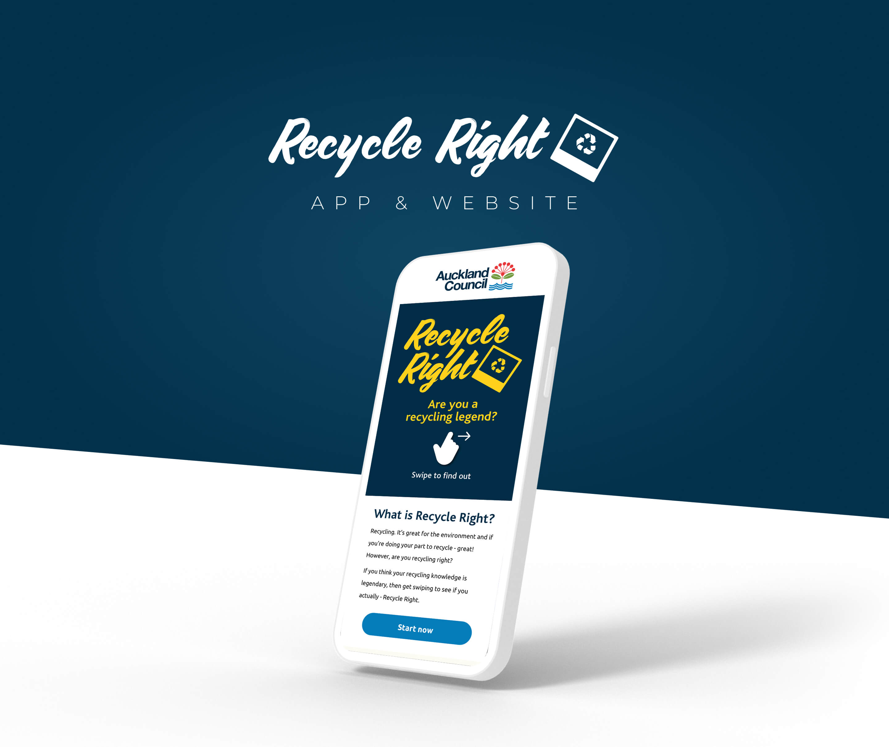 Recycle Right web app displayed on a phone against the navy brand background