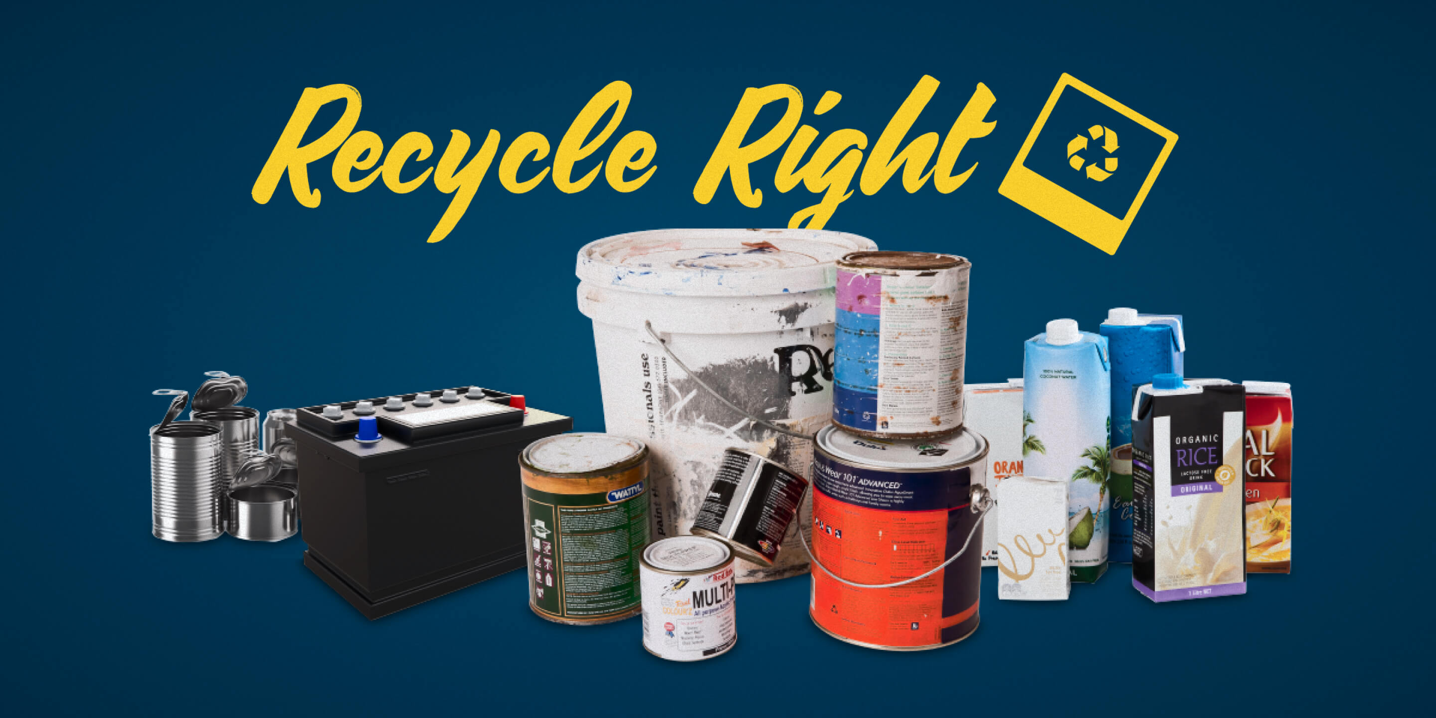 Recycle Right logo with recyclable and non-recyclable household items