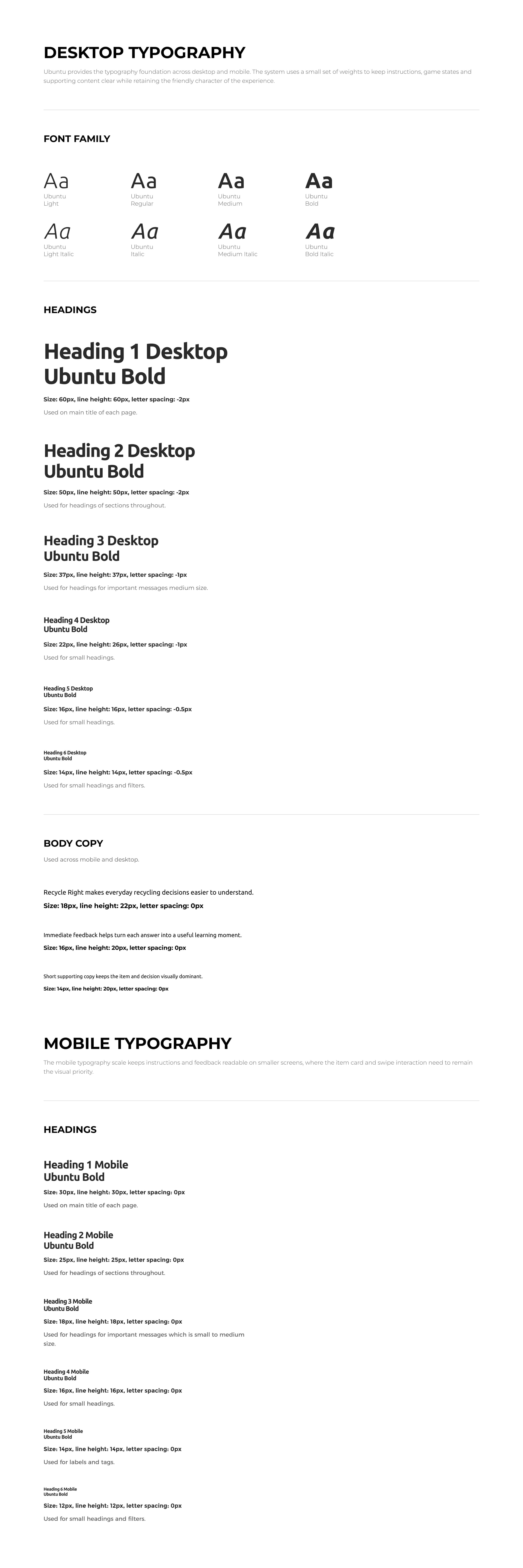 Recycle Right desktop and mobile typography specifications