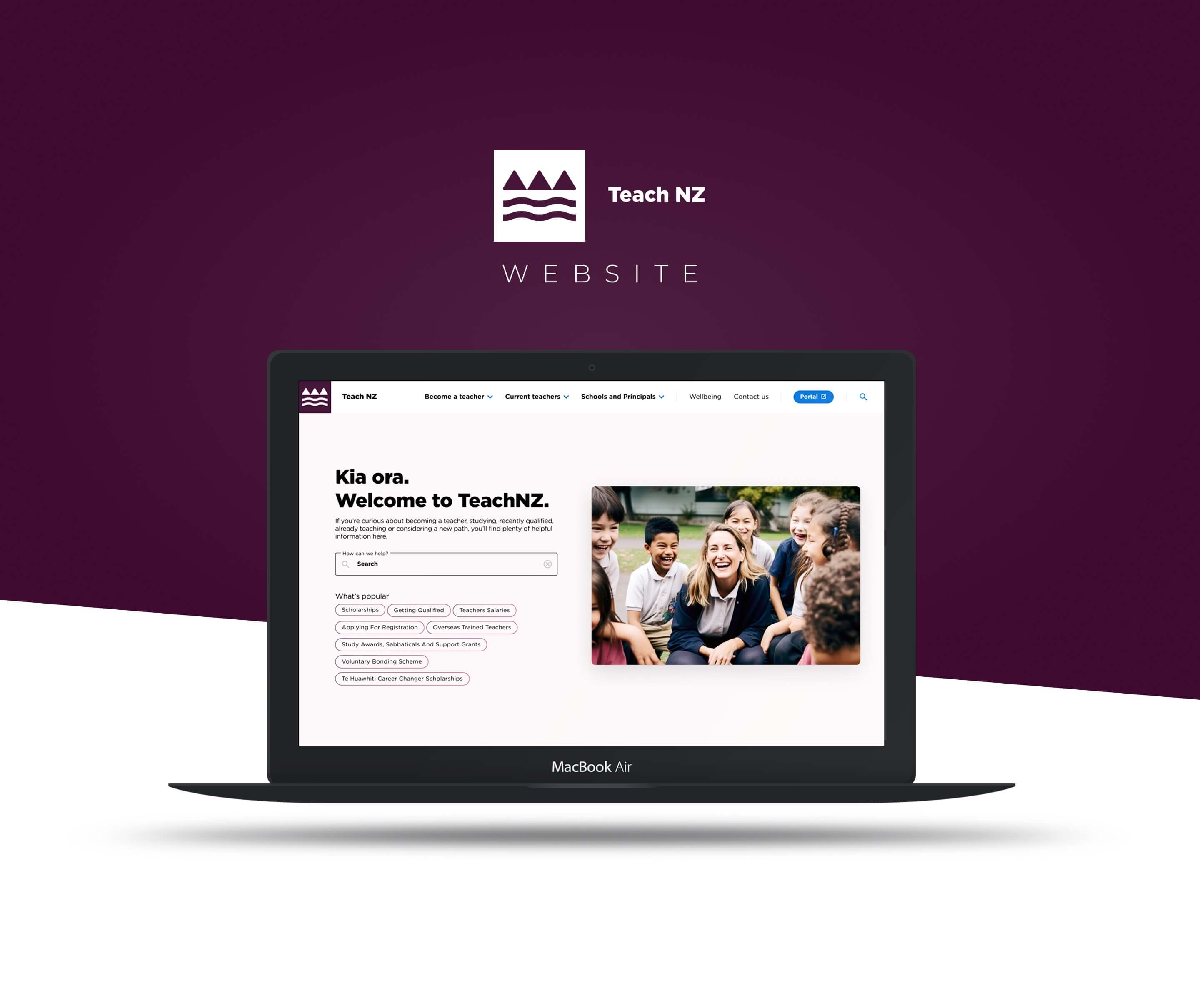 TeachNZ website displayed on a laptop against TeachNZ brand graphics
