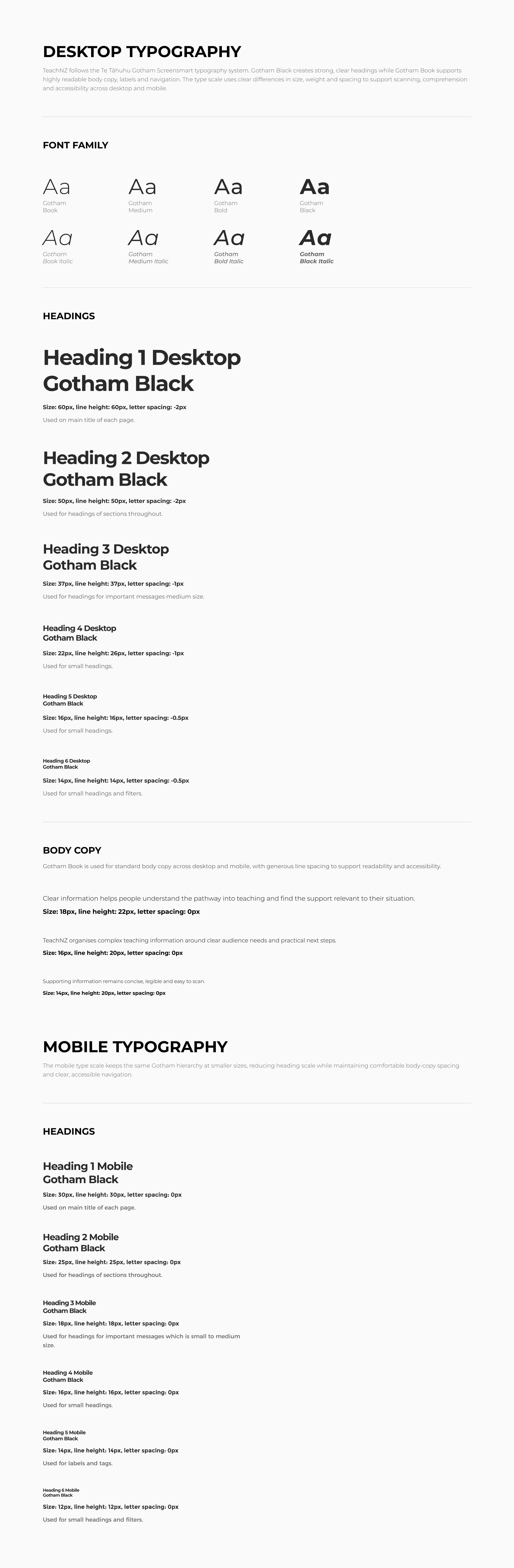 TeachNZ desktop and mobile typography specifications